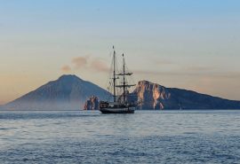 Florette at anchor at dusk, Aeolian Islands, Italy