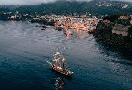 Florette anchored in Lipari at night, Aeolian Islands