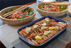 Flying Dutchman dining onboard langoustines and salad for lunch food