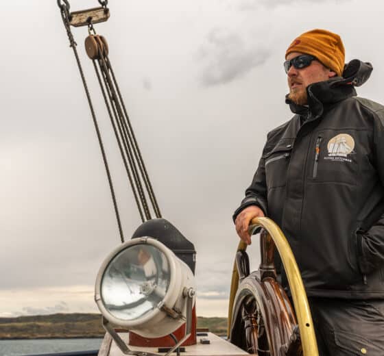 Flying Dutchman skipper Aries at the helm