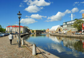 Gothenburg, walking along canal in city, Sweden