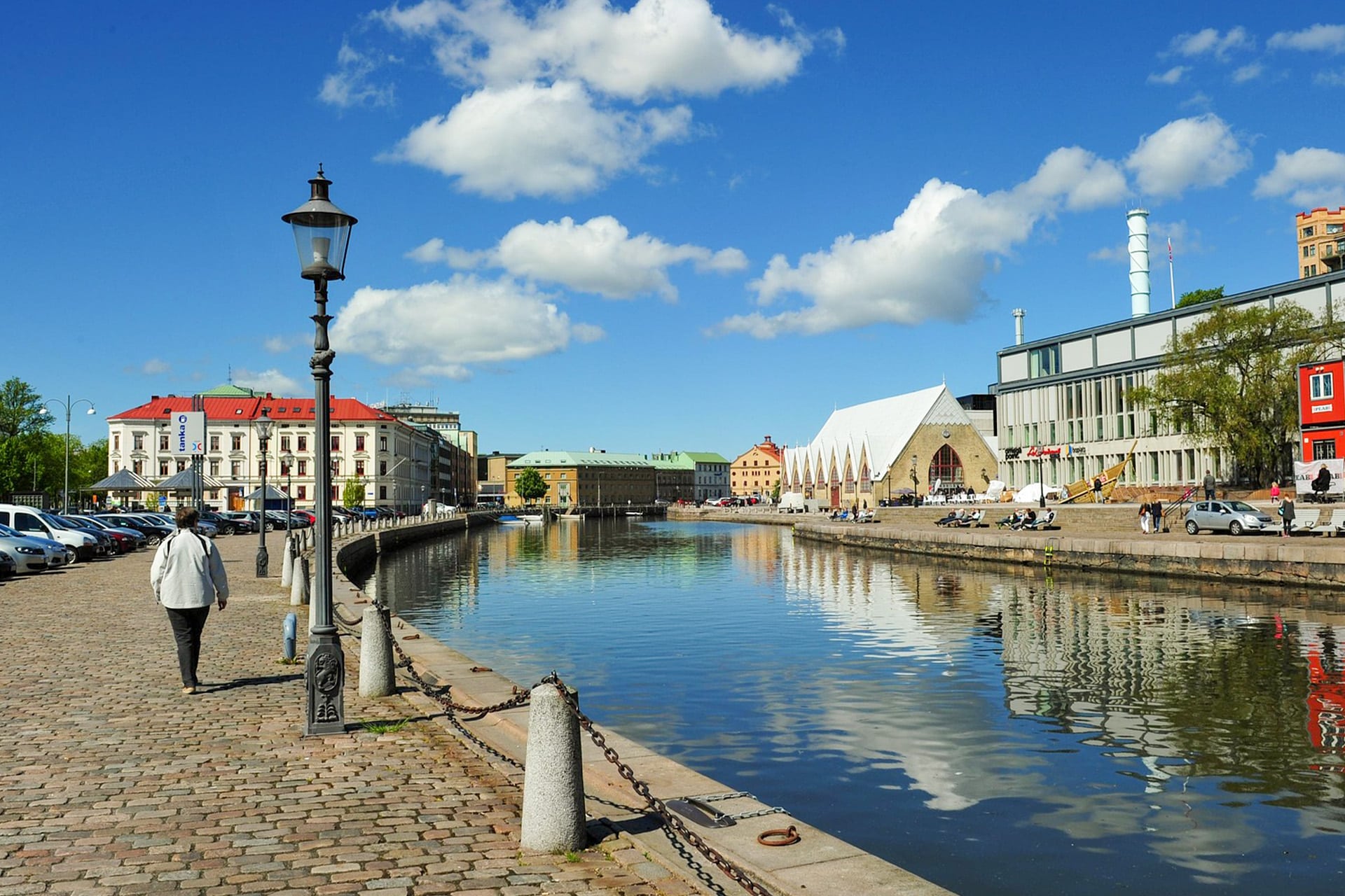 Gothenburg, walking along canal in city, Sweden