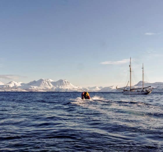 Goxsheim anchored in Svalbard Arctic Norway blue skies