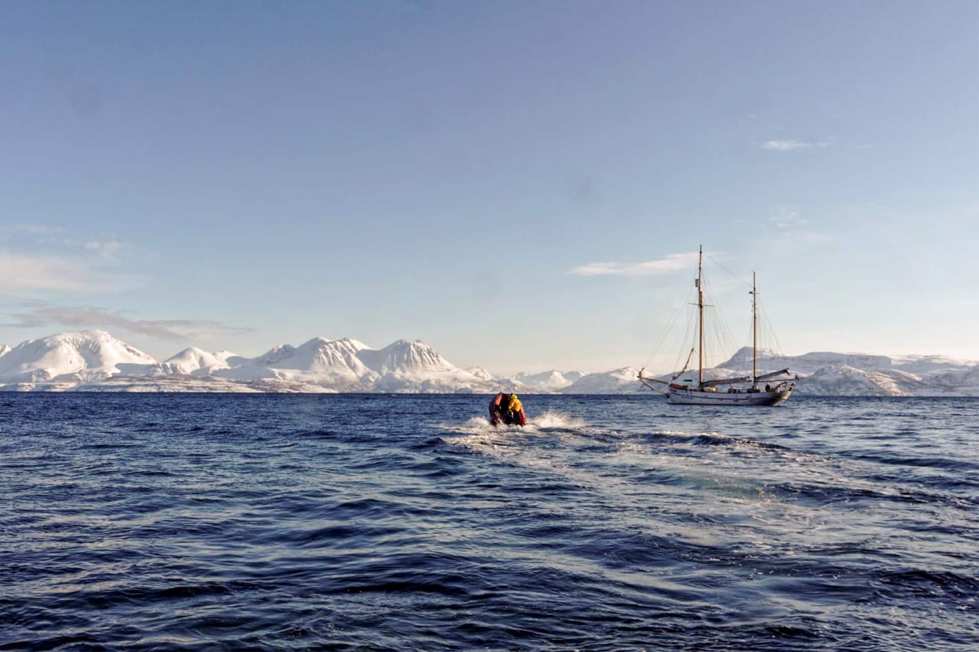 Goxsheim anchored in Svalbard Arctic Norway blue skies