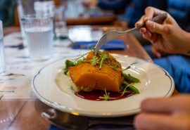 Guests eating, food on board Blue Clipper