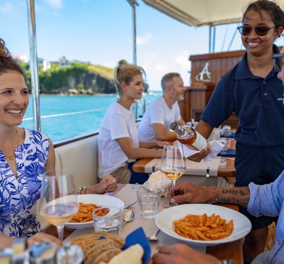 Guests eating lunch food on board Chronos