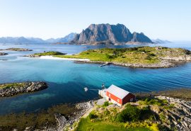 Humla red cabin with view of Lofoten Islands Norway