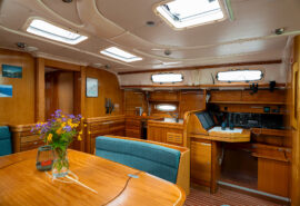 Humla sailing yacht interior view below deck of saloon