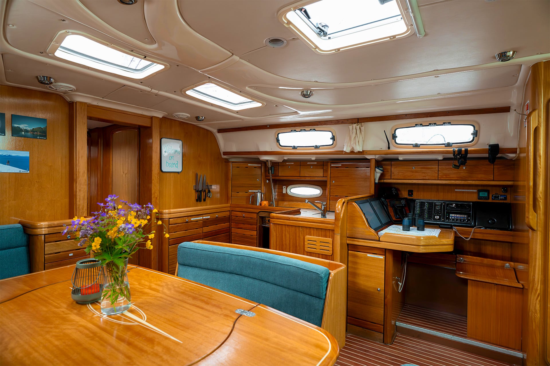 Humla sailing yacht interior view below deck of saloon