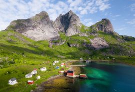 Humla view of red cabins in Lofoten islands