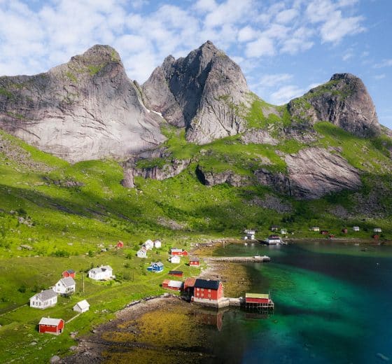 Humla view of red cabins in Lofoten islands