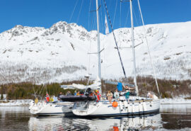 Humla winter lofoten ski and sail anchored with guests onboard