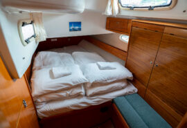Humla yacht below deck view of double cabin onboard
