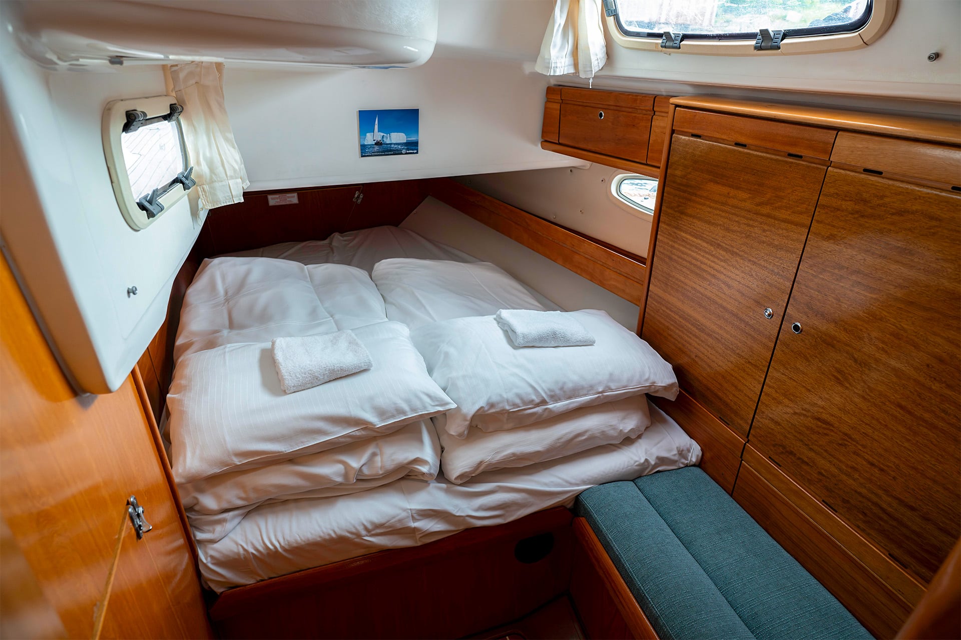 Humla yacht below deck view of double cabin onboard