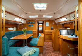 Humla yacht below deck view of interior onboard saloon and galley