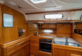 Humla yacht onboard below deck view of galley