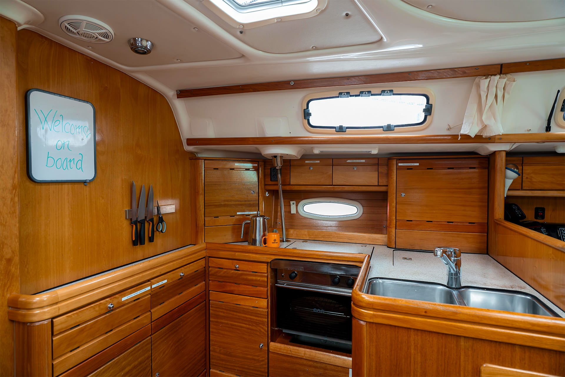 Humla yacht onboard below deck view of galley