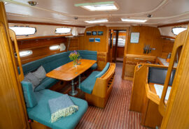Humla yacht onboard below deck view of interior saloon