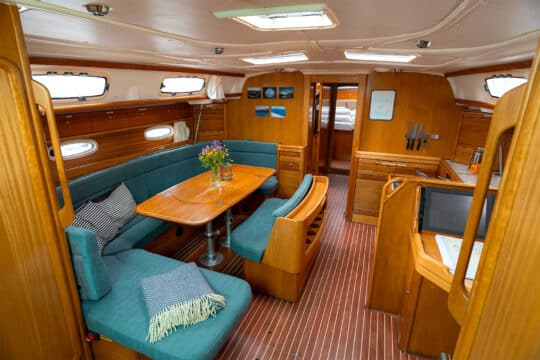 Humla yacht onboard below deck view of interior saloon