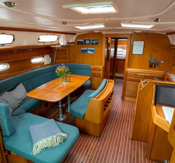Humla yacht onboard below deck view of interior saloon