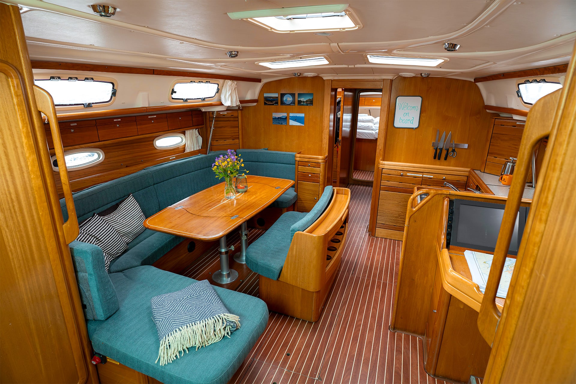 Humla yacht onboard below deck view of interior saloon