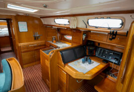 Humla yaxcht onboard view of interior saloon below deck galley