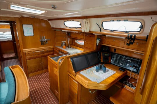 Humla yaxcht onboard view of interior saloon below deck galley