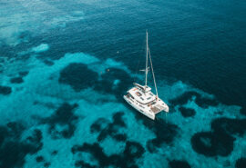 Ingrid Catamaran anchored in tropical waters of Caribbean sea