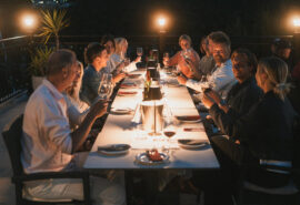 Ingrid More catamaran guests enjoying dinner local restaurant
