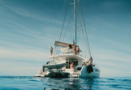 Ingrid More catamaran guests onboard anchored relaxing