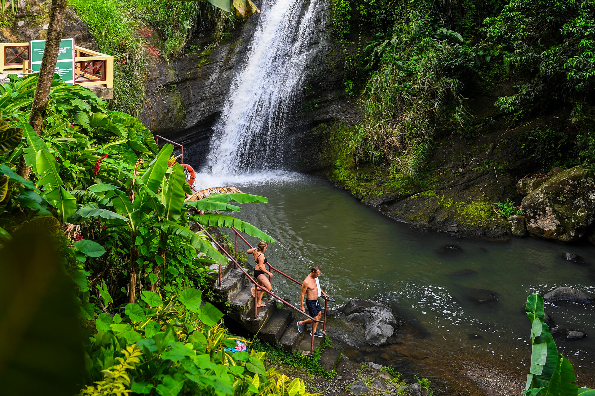 Ingrid More guests at waterfall in Grenada, Caribbean