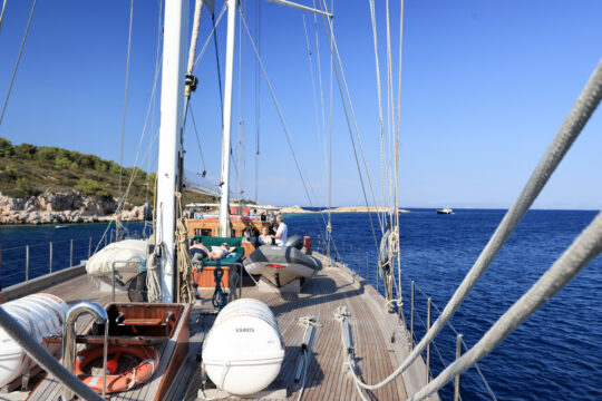 Kairos on deck with blue sky south Croatia