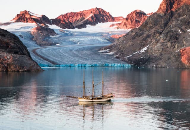Linden anchored in a glacier bay in the Arctic Circle Greenland
