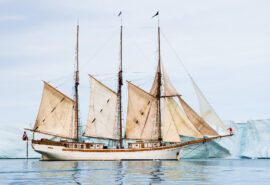 Linden tall ship half sails in Arctic Circle sailing Greenland