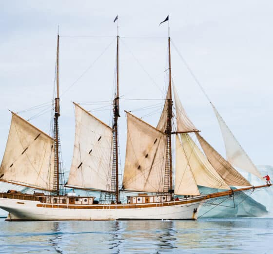 Linden tall ship half sails in Arctic Circle sailing Greenland