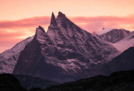 Linden view of mountains in Arctic Circle Greenland at sunset