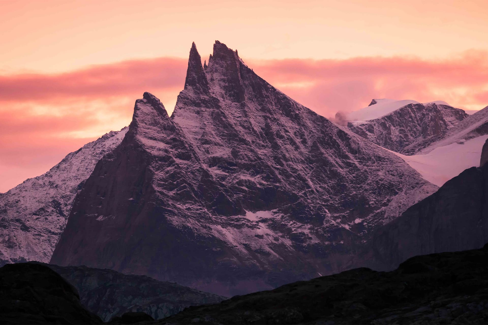 Linden view of mountains in Arctic Circle Greenland at sunset
