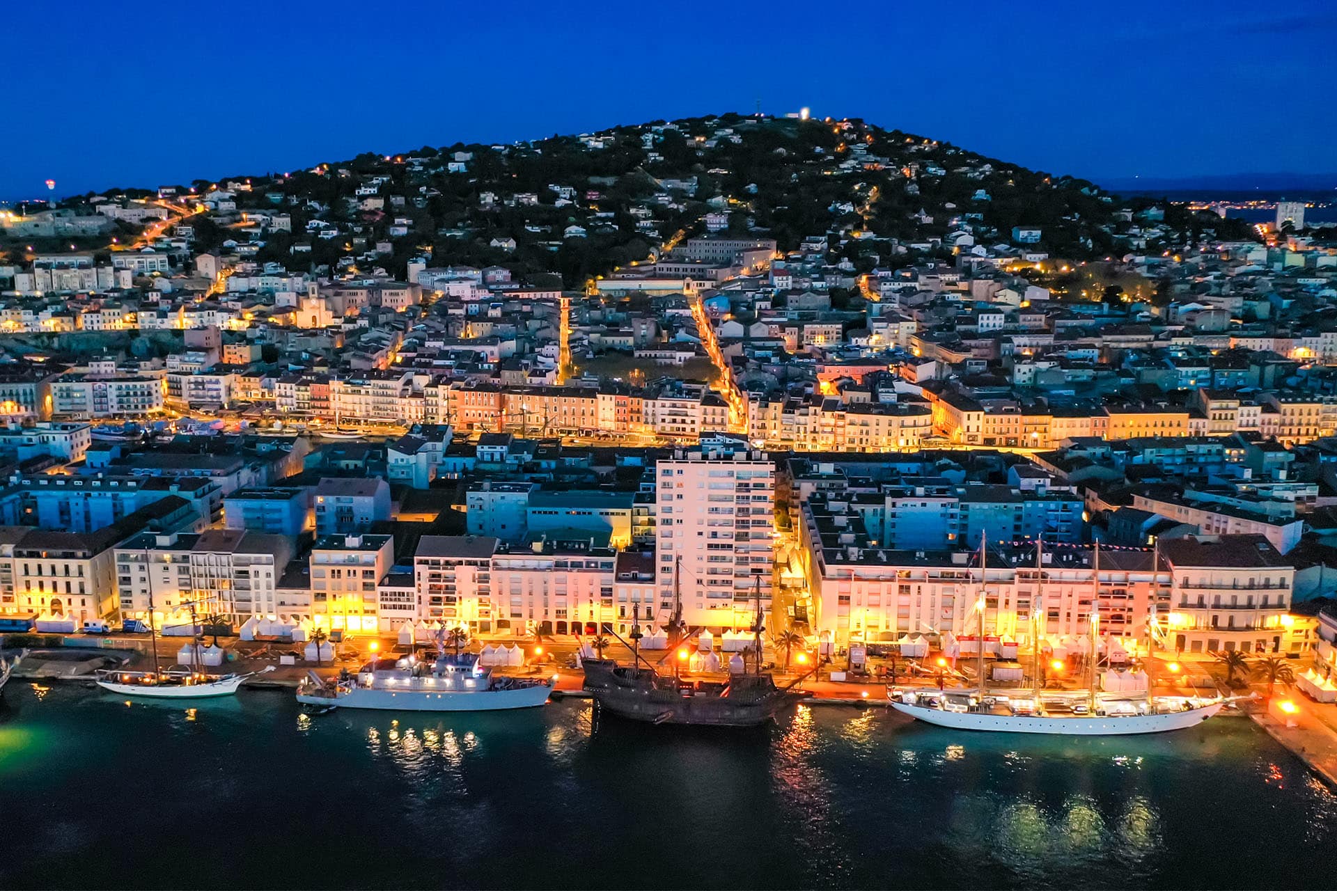 Nightime view overlooking the escale à sète festival, France