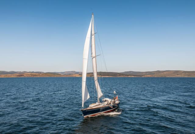 Noonmark VI Adventure yacht underway sailing off the Scottish Hebrides, Scotland