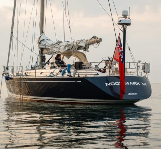 Noonmark VI adventure yacht seen from stern at anchor in Scotland