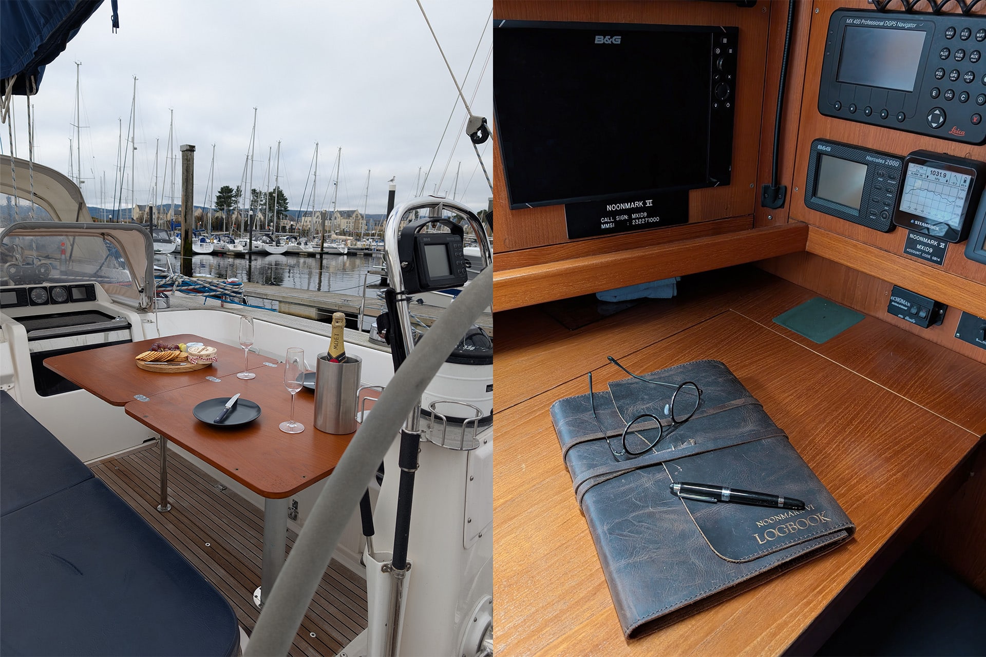 Noonmark VI onboard on deck and logbook interiors