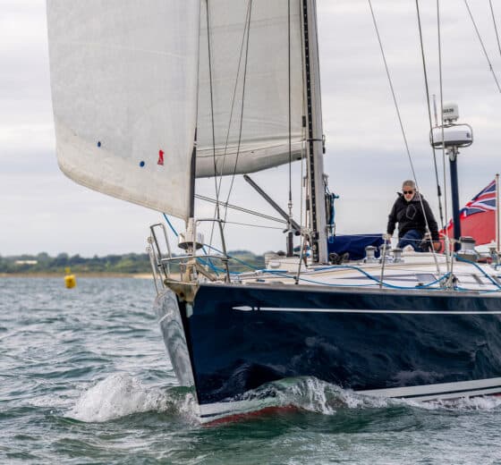 Noonmark VI yacht underway under sail from bowsprit