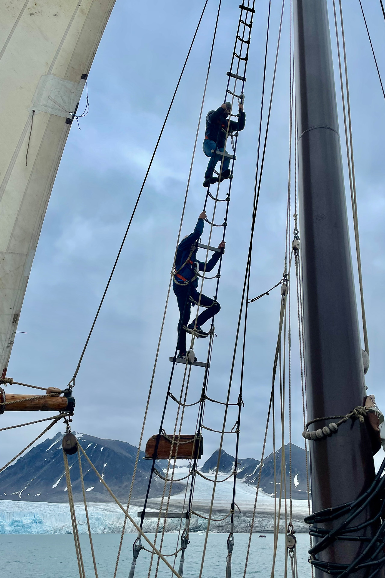 Noorderlicht guests climbing the rigging Svalbard