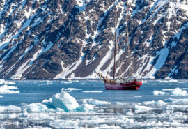 Noorderlicht tall ship anchored Arctic Svalbard ice field