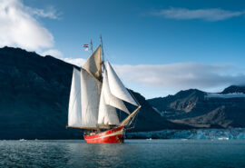 Noorderlicht tall ship in full sail Arctic Svalbard, Norway