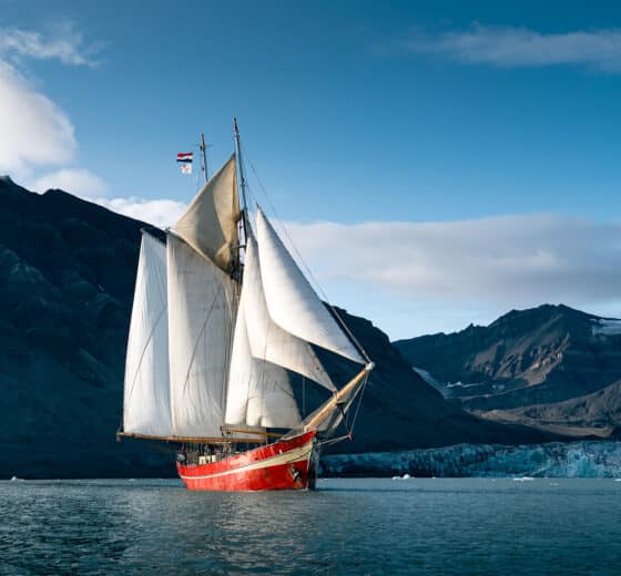 Noorderlicht tall ship in full sail Arctic Svalbard, Norway