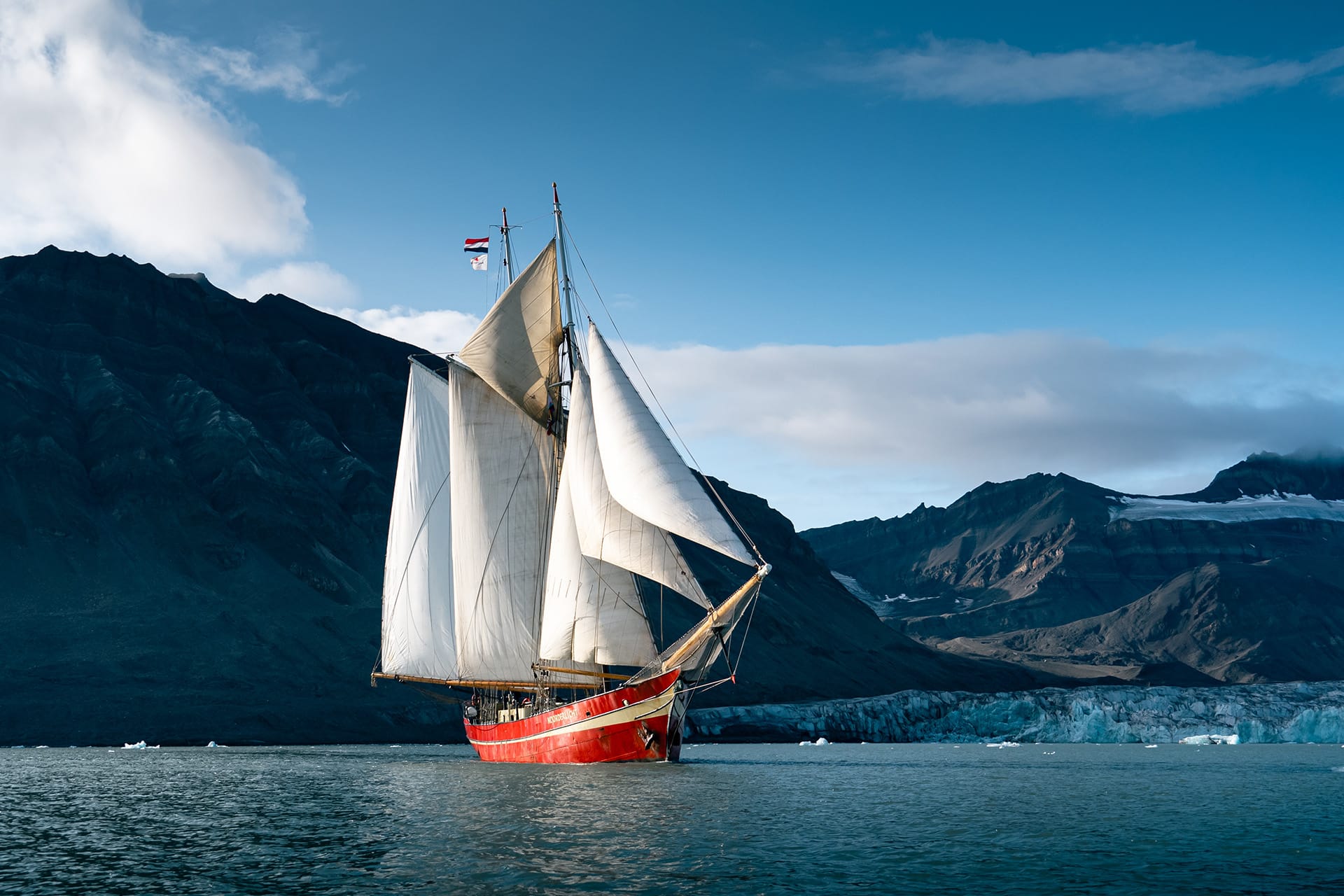 Noorderlicht tall ship in full sail Arctic Svalbard, Norway
