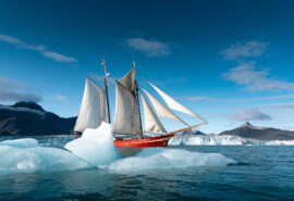 Noorderlicht tall ship sailing with floating ice Svalbard summer