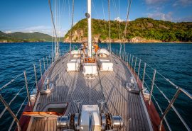 On deck of Kairos with view of Caribbean