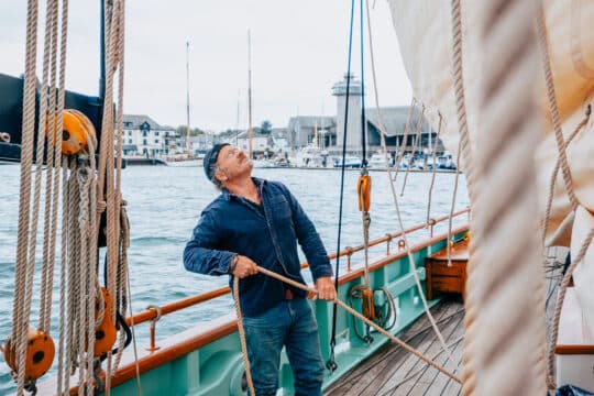 Pellew skipper Luke on board in Cornwall